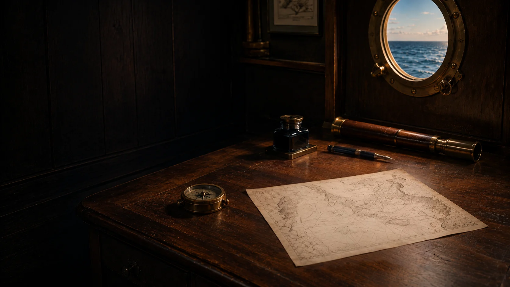 Cabina in legno di un esploratore siciliano: scrivania con diario, bussola e cannocchiale, oblò sul mare