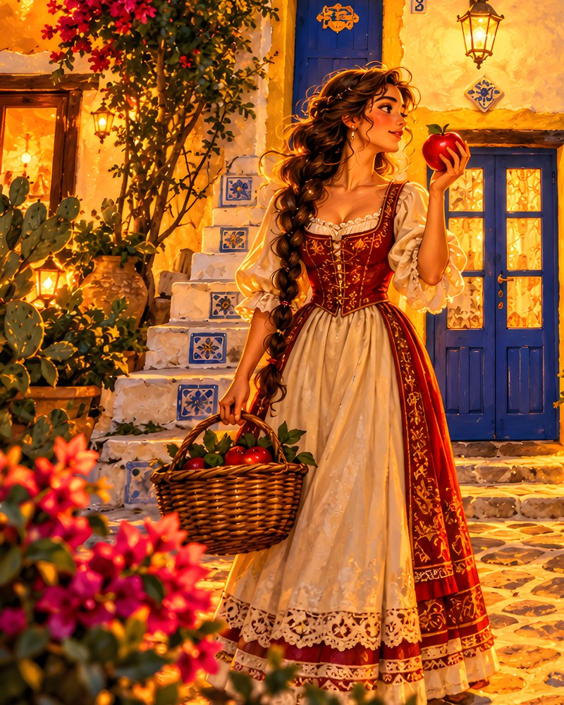 Biancaneve con la mela rossa davanti alla casetta bianca e blu decorata di azulejos