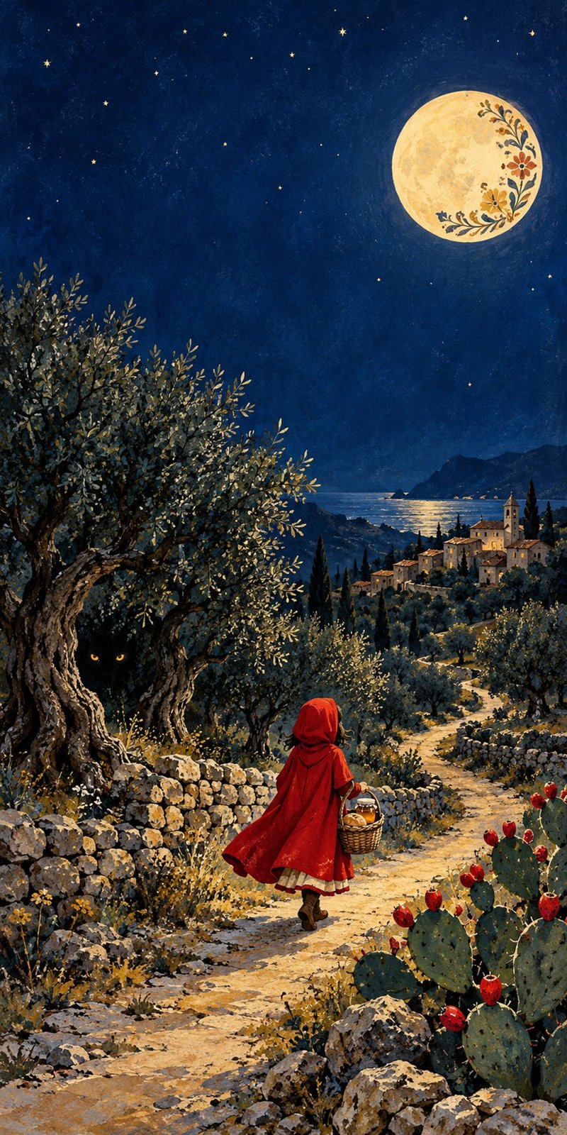 Cappuccetto Rosso cammina sulla trazzera tra ulivi e fichi d'India, mentre il lupo la osserva dal bosco