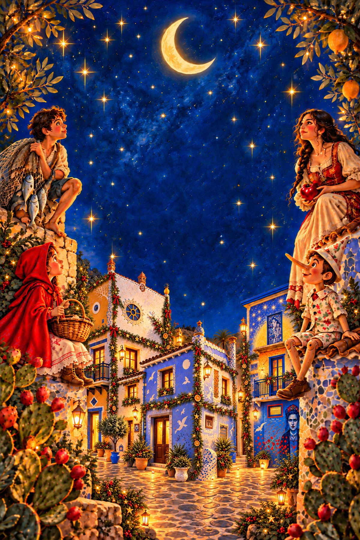 Illustrazione: il borgo addobbato per Natale sotto la luna, con Colapesce, Cappuccetto Rosso, Biancaneve e Pinocchio