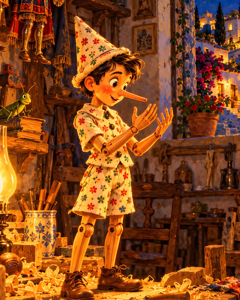 Pinocchio, appena preso vita, guarda stupito le sue mani di legno nella bottega piena di pupi e maschere